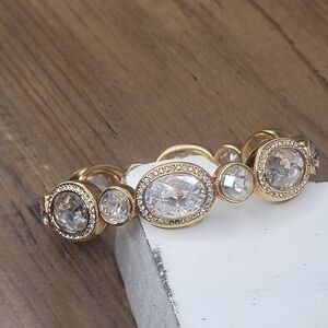 Nadri Crystal Oval Cubic Zirconia Gold Tone Hinged Bangle Bracelet